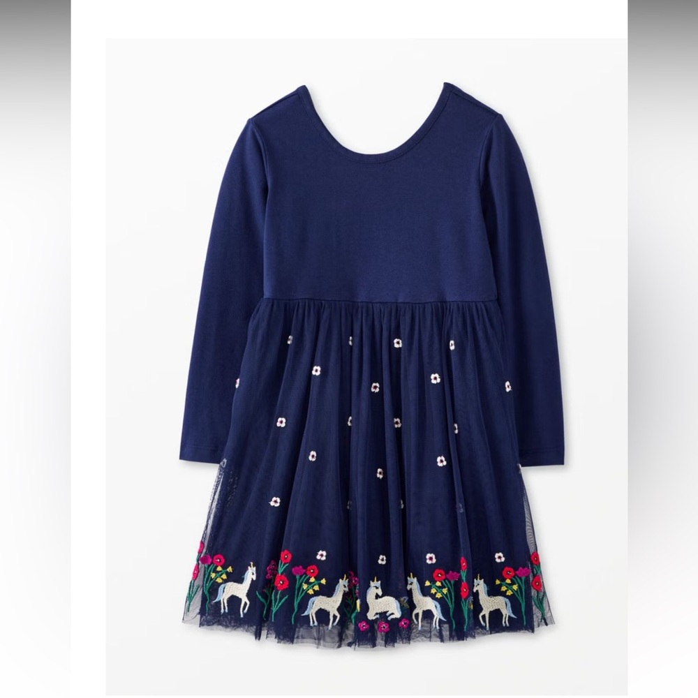*Hanna Andersson Long Sleeve Tulle Navy Dress with Unicorn Embroidery
